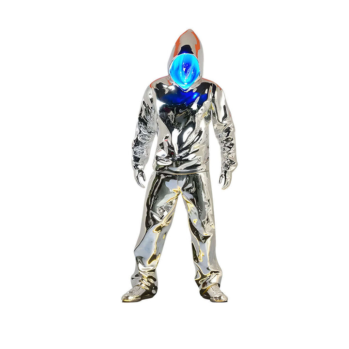 Futuristic chrome sculpture of a person in a hoodie with a glowing blue head, ideal for modern decor.