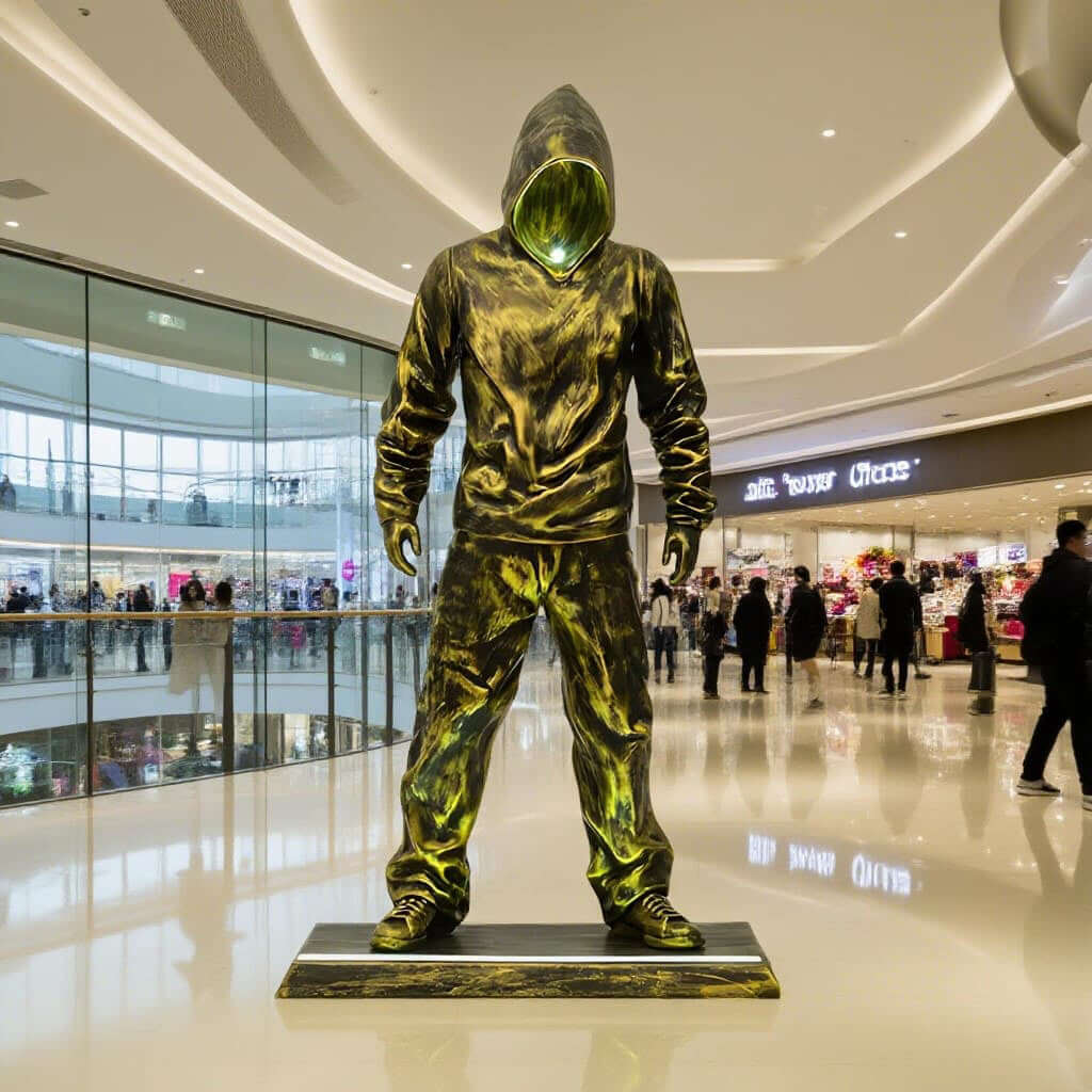 Sculptural figure of an urban hooded man in a shopping mall, reflecting modern artistic style and street culture.