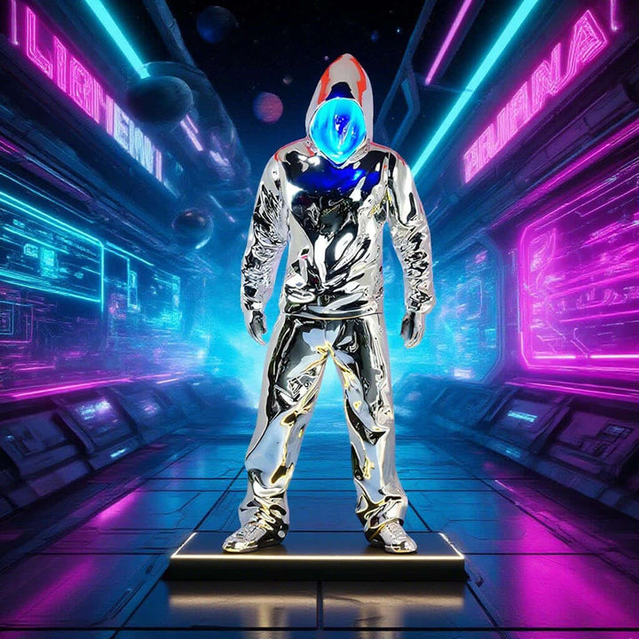 Futuristic figure in shiny silver attire with a glowing blue helmet, set in a neon-lit sci-fi environment.