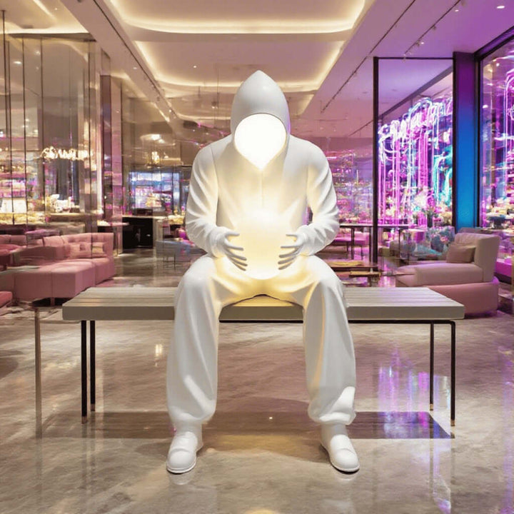 Unique sculptural floor lamp design, illuminated figure in modern living space, perfect for art deco decor.