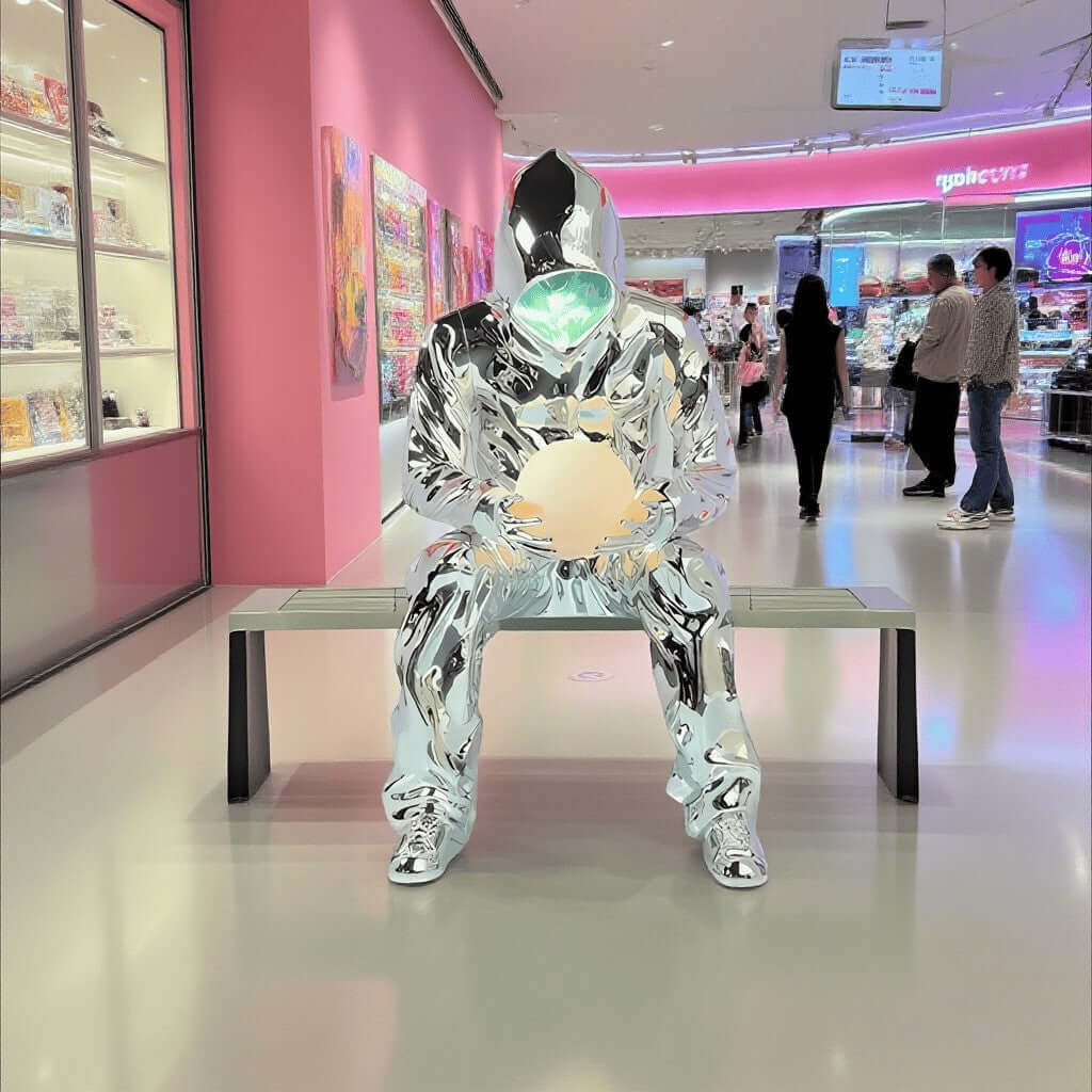 A reflective sculpture of a seated figure holding a glowing orb, displayed in a modern shopping environment.