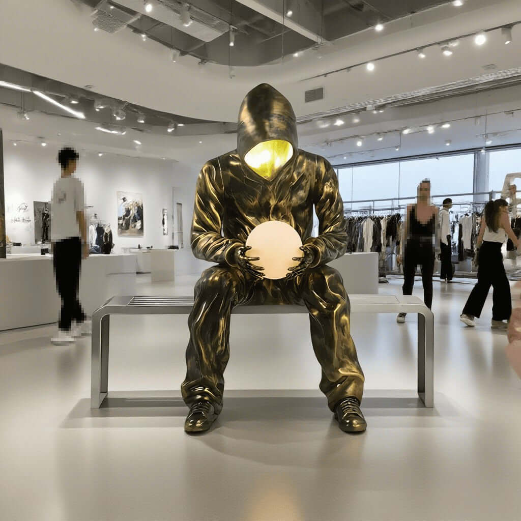 Sculptural floor lamp designed as a sitting figure holding a glowing orb, perfect for modern living room decor.