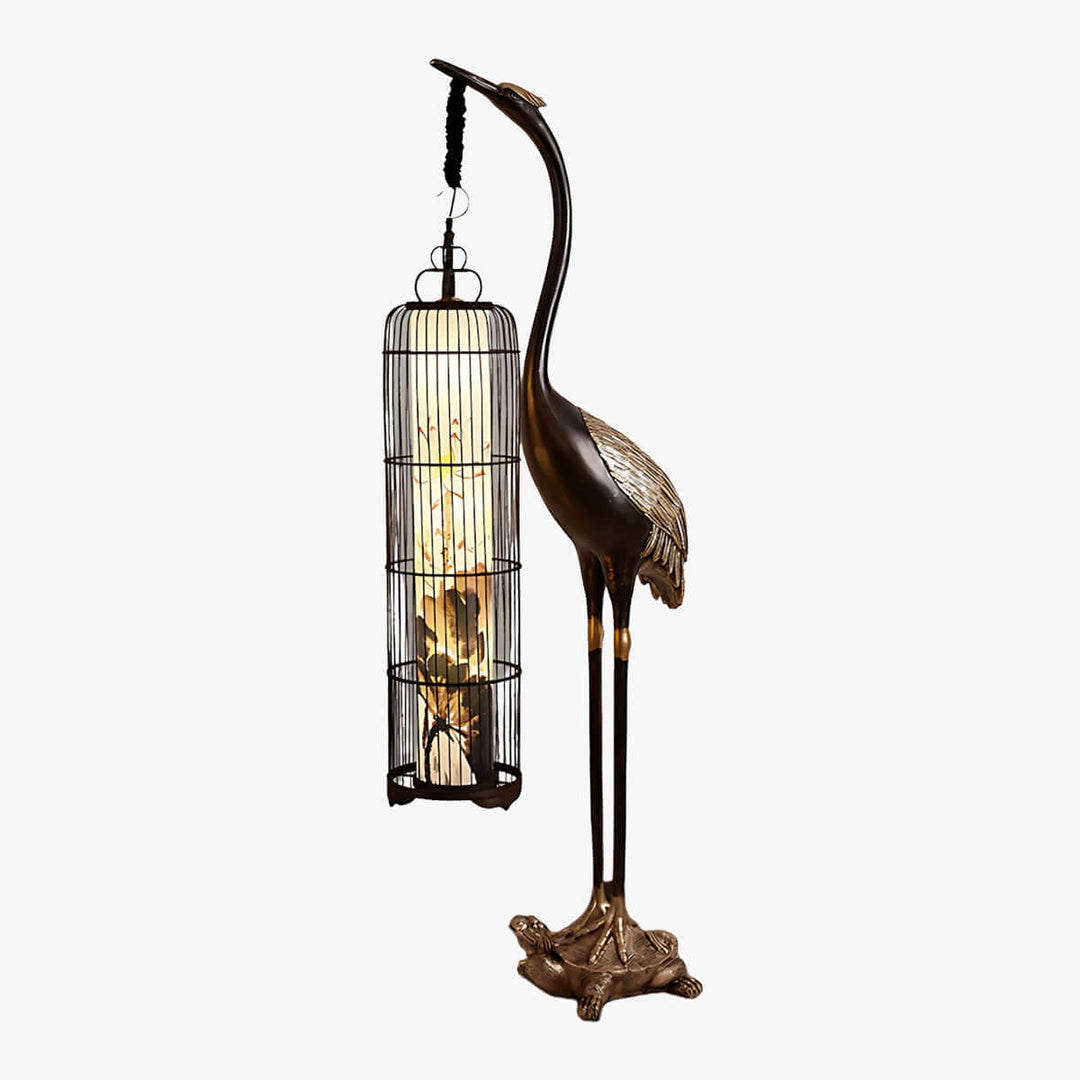 Noyari Stork Floor Lamp, a sculptural art deco floor lamp with a lantern design, perfect for living room lighting.