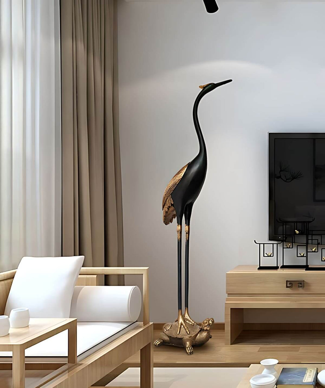 Sculptural Noyari Stork Floor Lamp in modern living room, showcasing elegant art deco design.