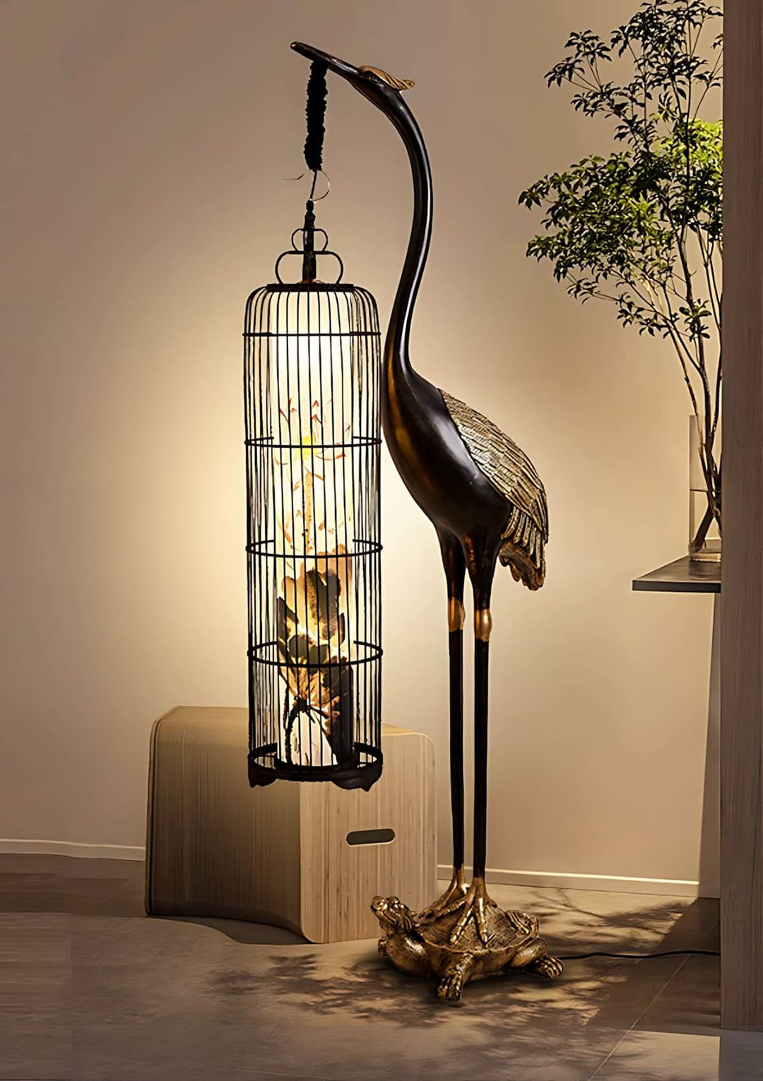 Sculptural Noyari Stork floor lamp with retro design, ideal floor light for living room and art deco decor.