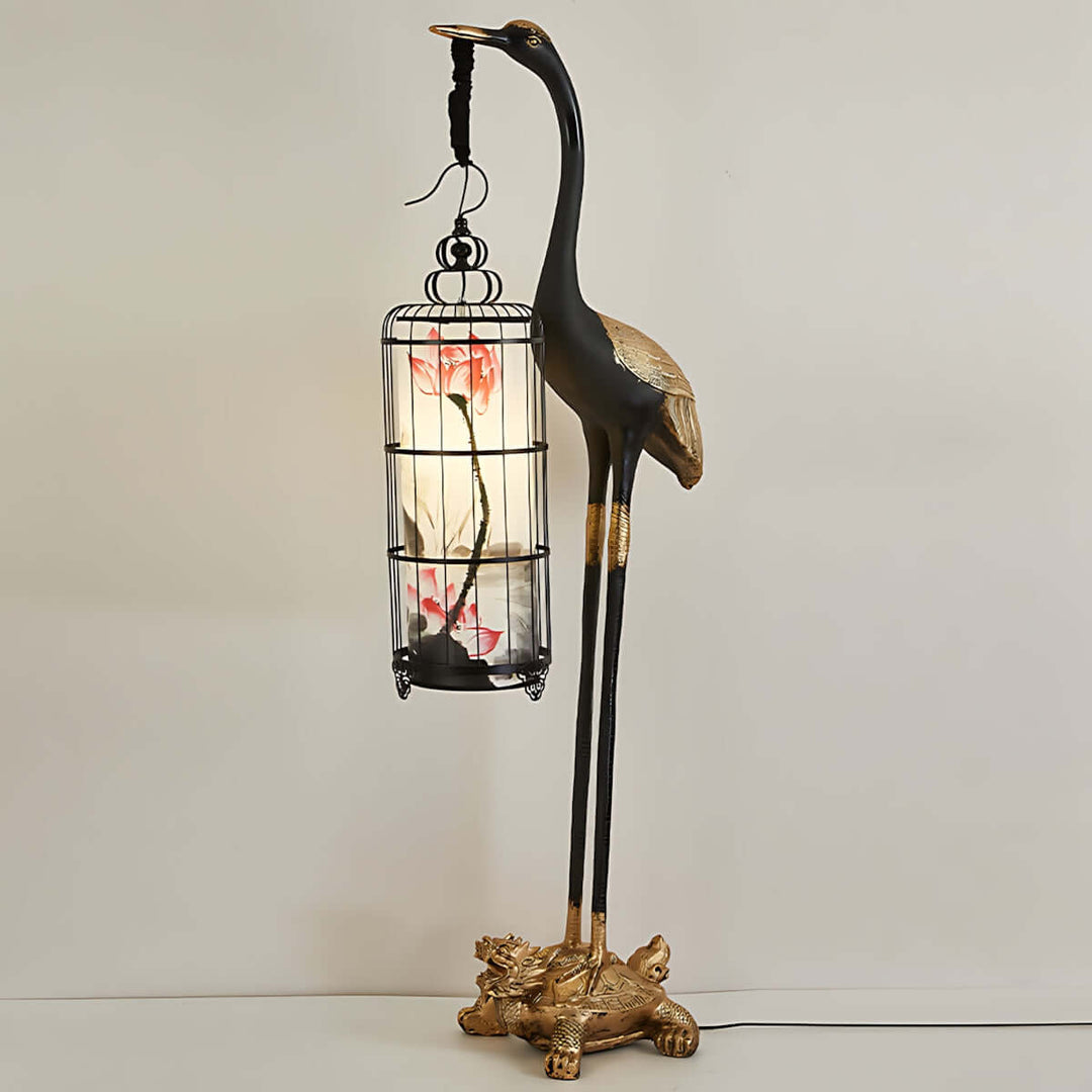 Noyari Stork floor lamp featuring a sculptural design with a lantern shade, perfect for art deco and retro living room lighting.
