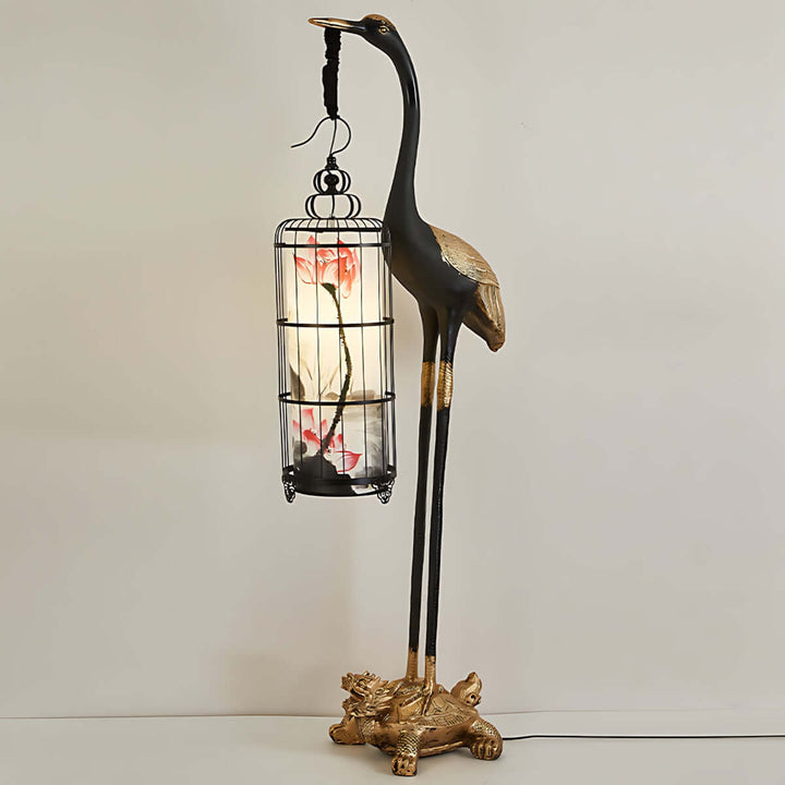 Noyari Stork floor lamp featuring a sculptural design with a lantern shade, perfect for art deco and retro living room lighting.