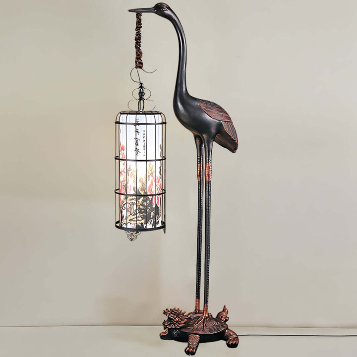 Noyari Stork Floor Lamp featuring a sculptural design with lantern light for living room decor, embodying art deco style.