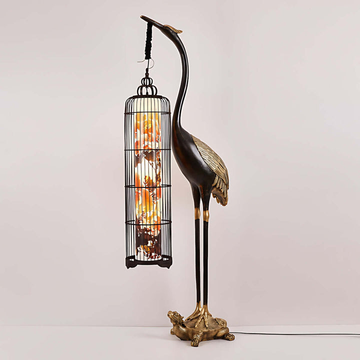 Noyari stork floor lamp with lantern and sculptural design, ideal for art deco and retro living room decor.