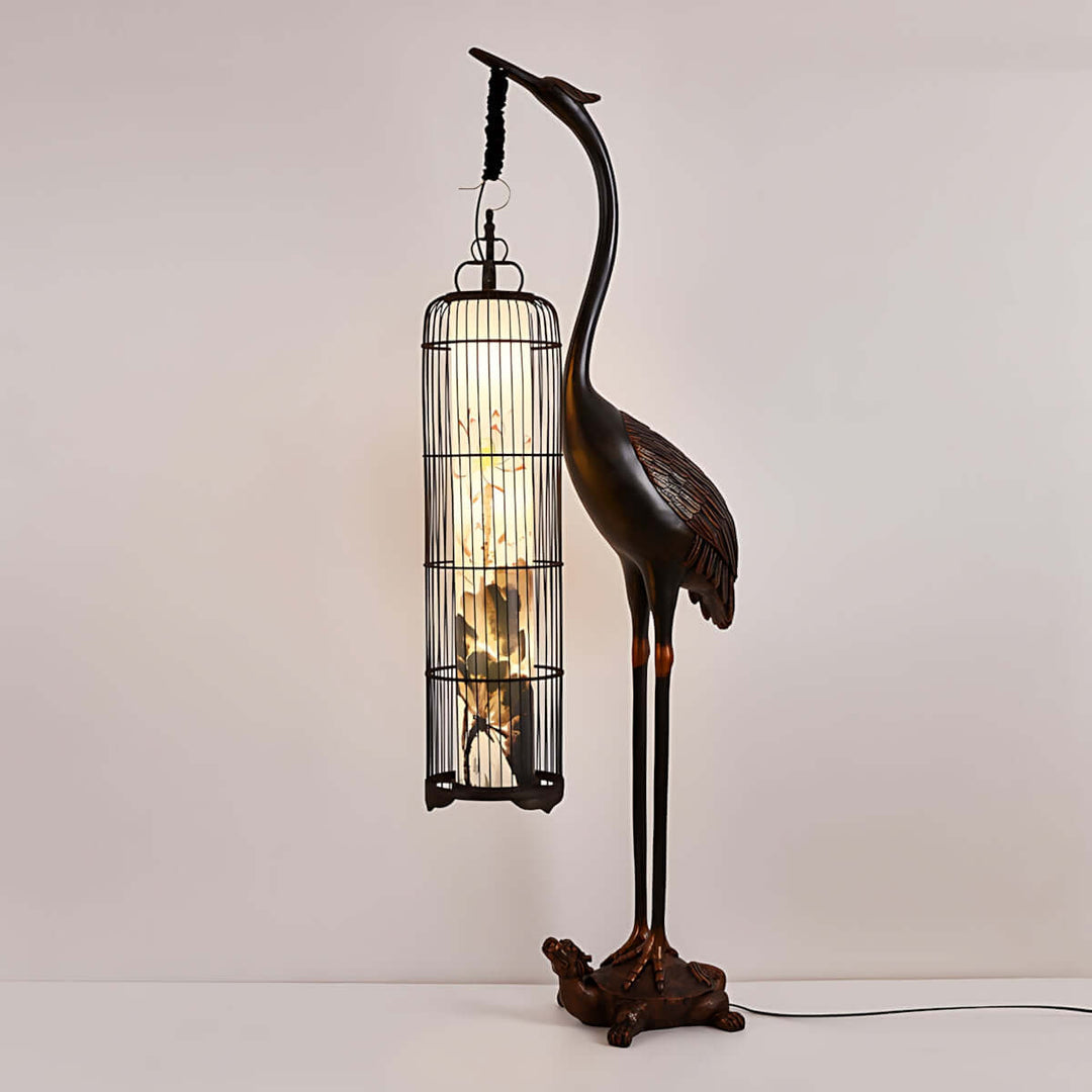 Noyari Stork Floor Lamp, a sculptural art deco lantern floor lamp ideal for stylish living room decor.
