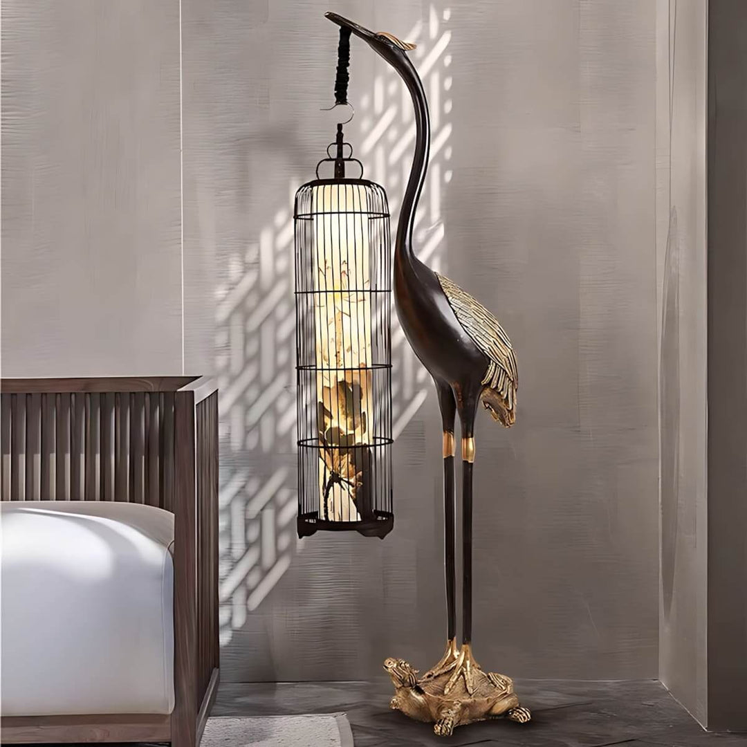 Noyari Stork Floor Lamp, a sculptural art deco design perfect for living rooms, blending retro charm with stylish lighting.
