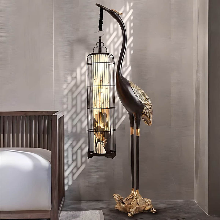 Noyari Stork Floor Lamp, a sculptural art deco design perfect for living rooms, blending retro charm with stylish lighting.