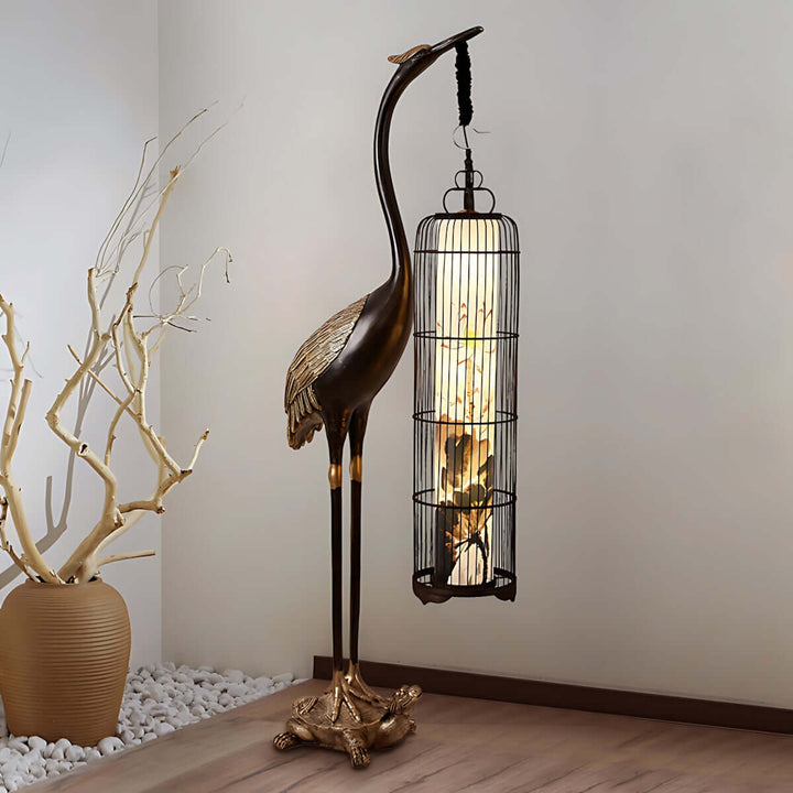 Noyari Stork Floor Lamp, an art deco sculptural floor lamp, perfect for living room lighting, featuring a retro lantern design.