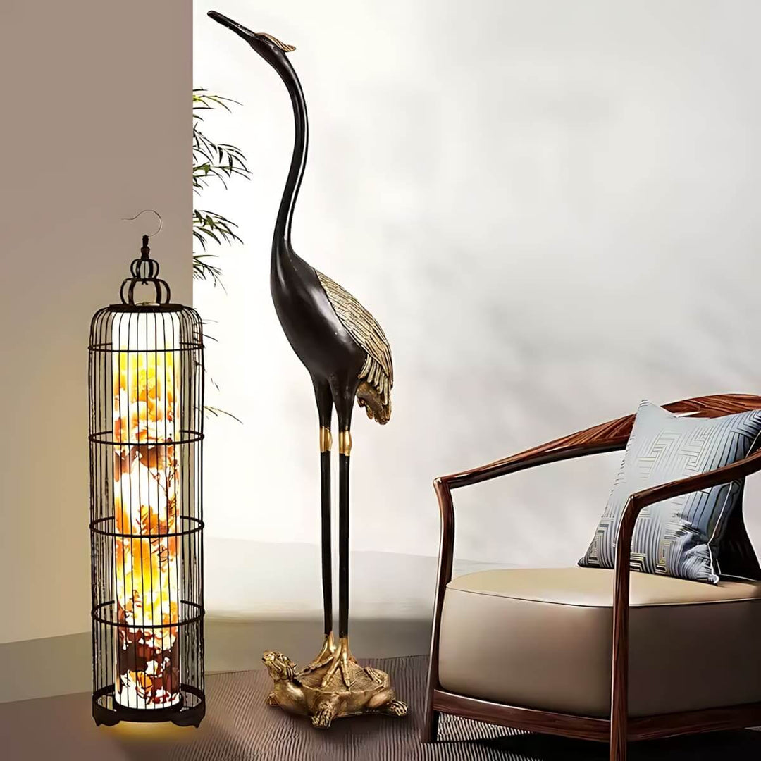 Stylish Noyari Stork floor lamp and lantern floor light in a modern living room setting.