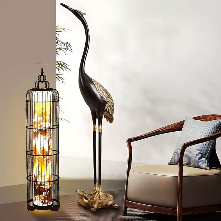 Stylish Noyari Stork floor lamp and lantern floor light in a modern living room setting.