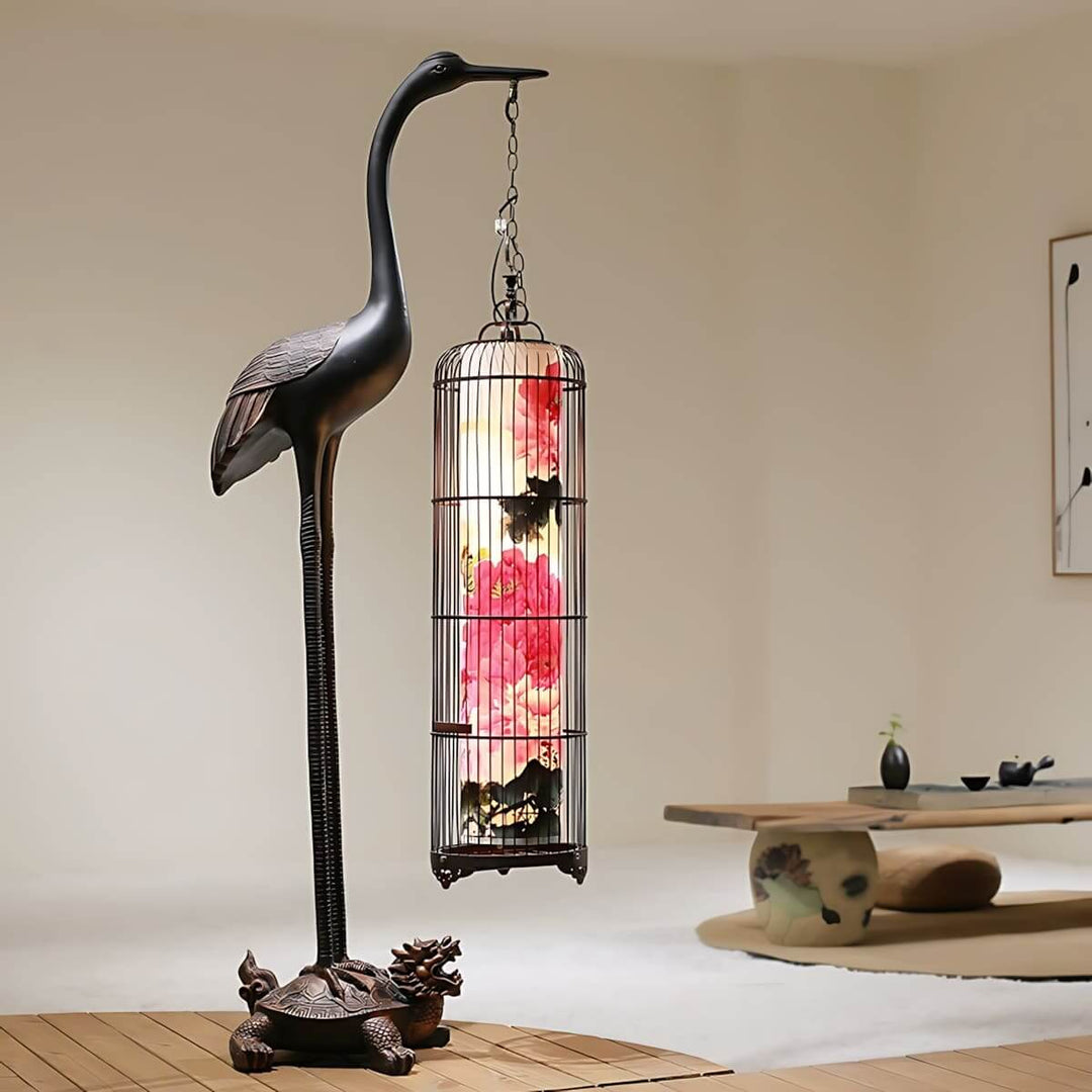 Sculptural floor lamp resembling a stork with a lantern, perfect for retro and art deco-inspired living room decor.