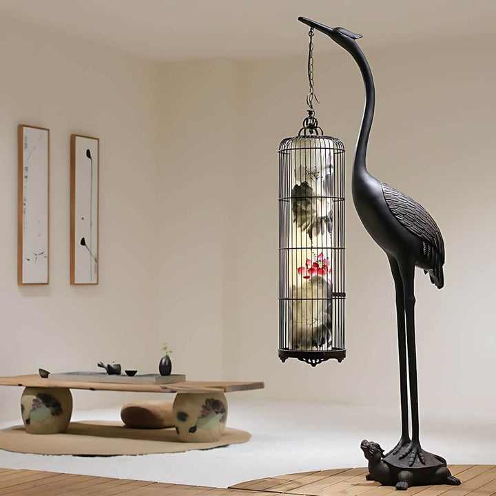 Noyari Stork Floor Lamp, a sculptural art deco design illuminating living space with retro charm.