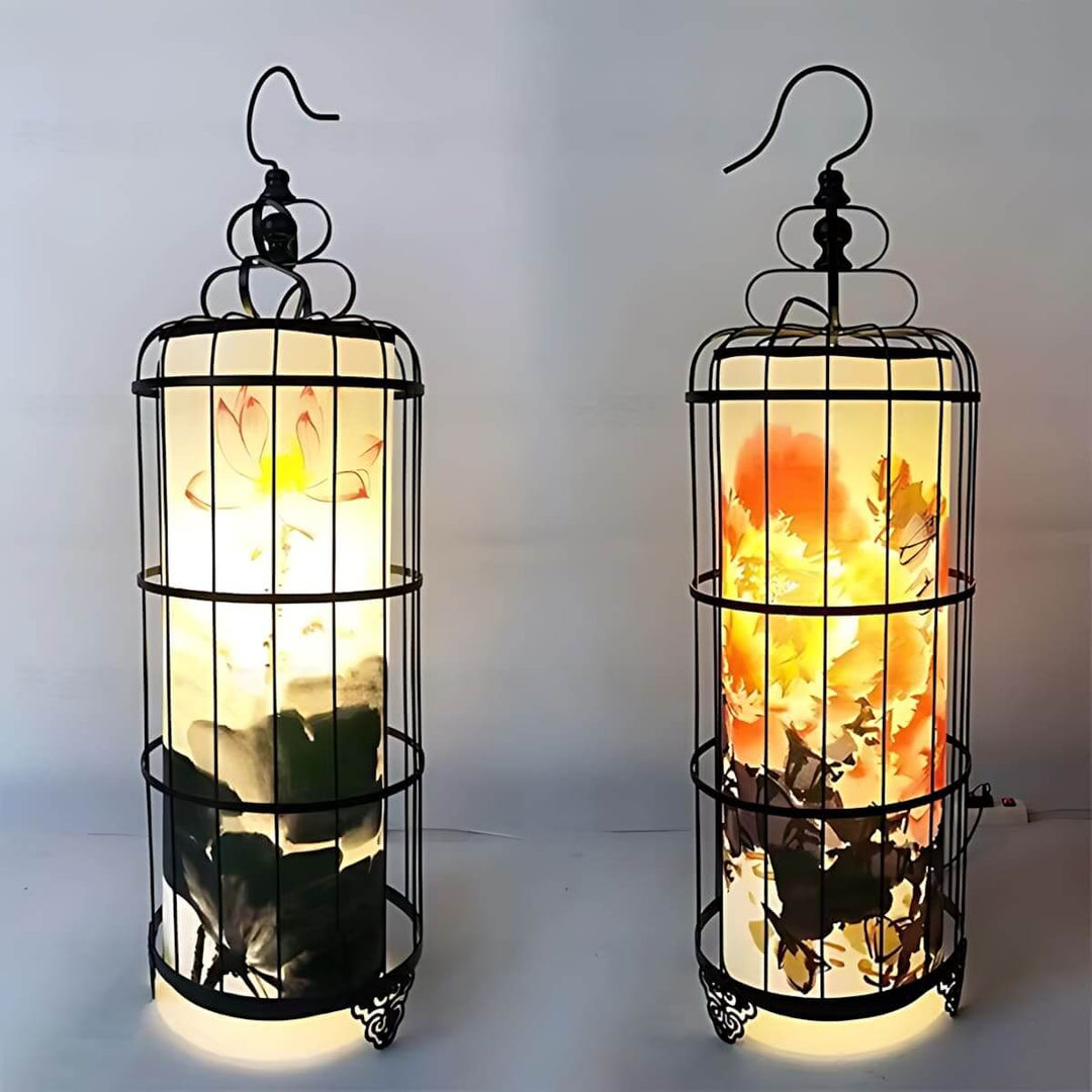 Elegant lantern floor lamp featuring floral designs, perfect for enhancing living room decor with a sculptural art deco touch.