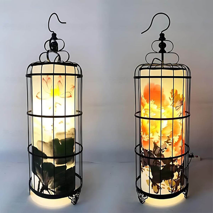 Elegant lantern floor lamp featuring floral designs, perfect for enhancing living room decor with a sculptural art deco touch.