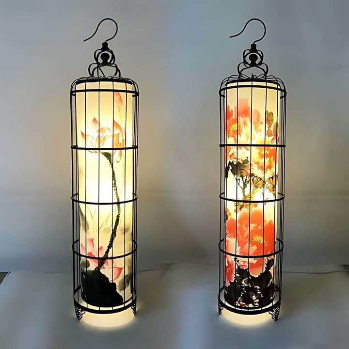 Noyari Stork Floor Lamp, a sculptural art deco lantern floor lamp with floral design, perfect for living room lighting.