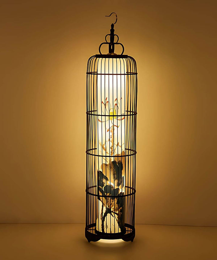 Sculptural lantern floor lamp in a vintage birdcage design, adding retro charm to living room decor.