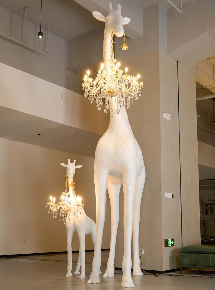Sculptural giraffe floor lamp with chandelier, modern art deco style lighting for living room