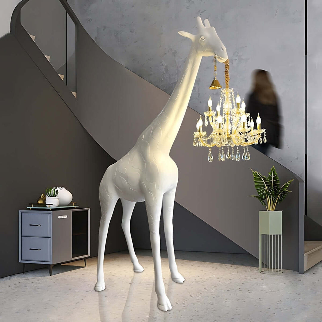 Sculptural giraffe floor lamp with chandelier detail, stylish art deco design for modern living room decor.
