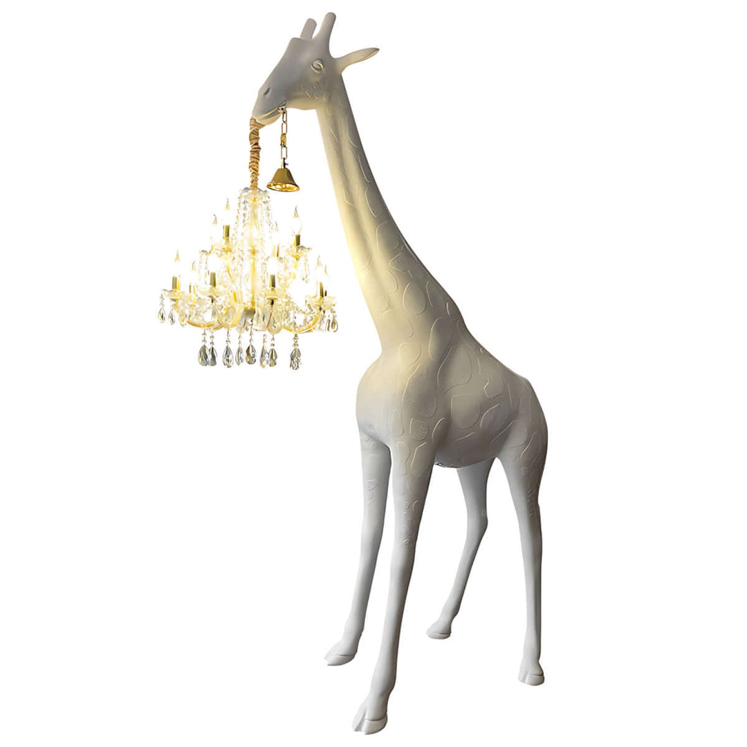 Sculptural giraffe floor lamp with chandelier design, perfect for art deco living room lighting.