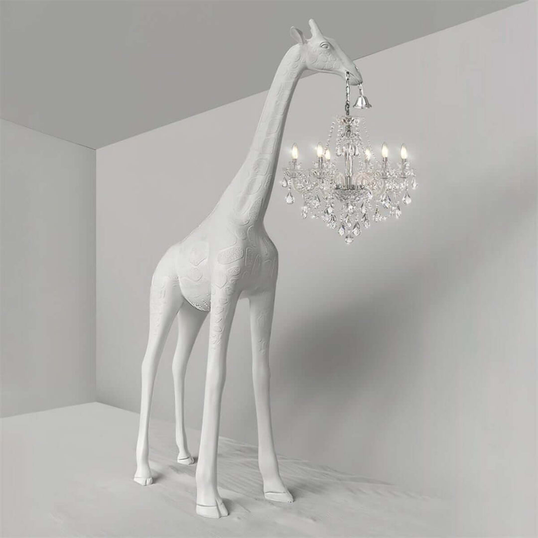 Sculptural floor lamp design featuring a white giraffe holding a chandelier, ideal for art deco living room decor.