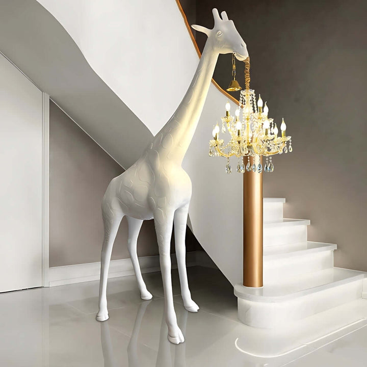 Sculptural giraffe floor lamp holding a chandelier, perfect for modern art deco living room decor.