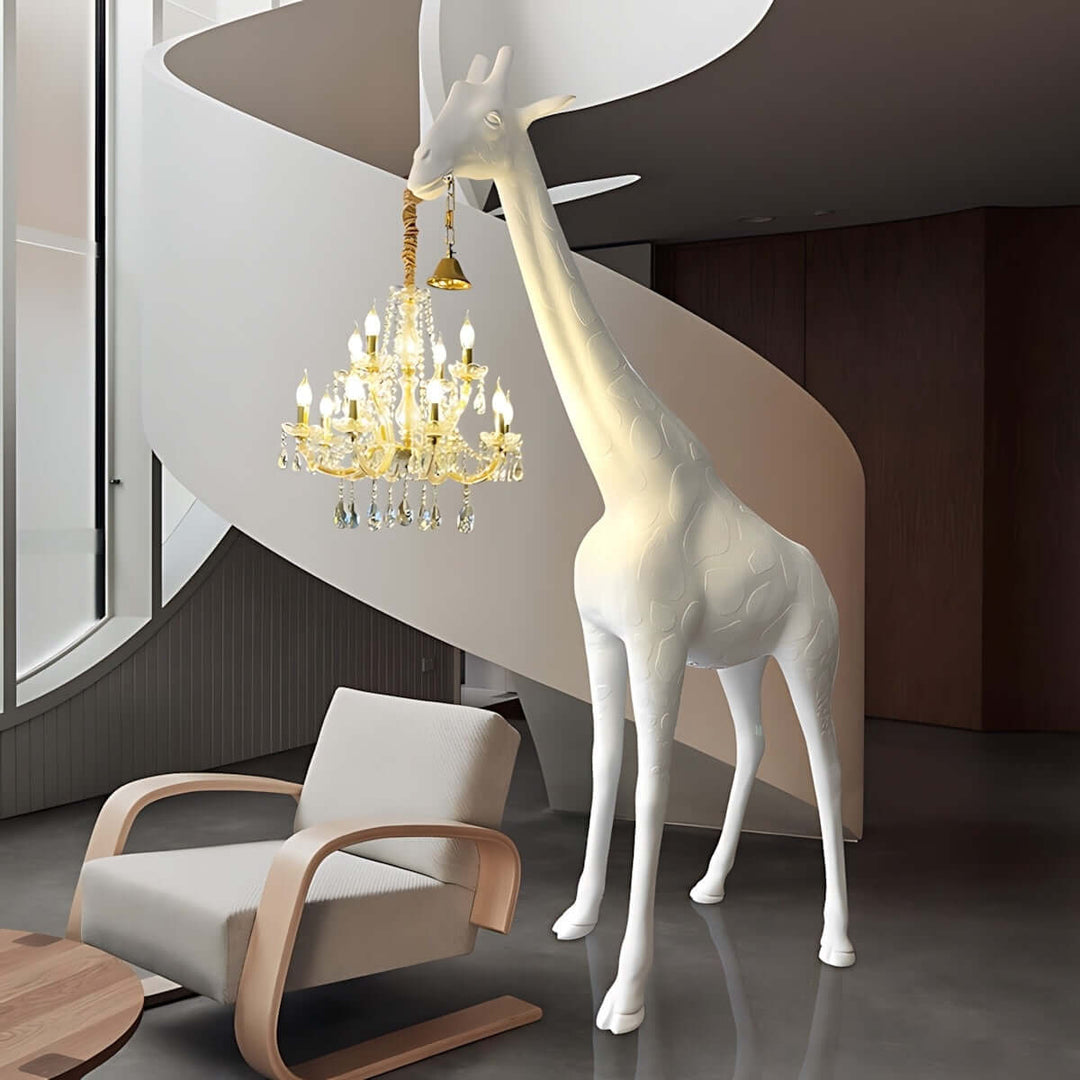 Nuvexa sculptural giraffe floor lamp with chandelier, modern art deco design, ideal for living room decor.