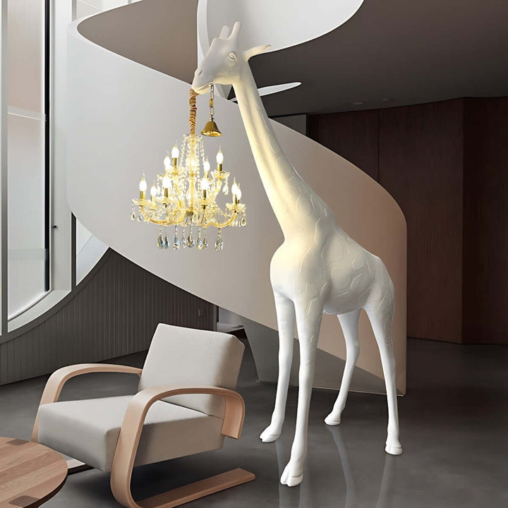 Nuvexa sculptural giraffe floor lamp with chandelier, modern art deco design, ideal for living room decor.