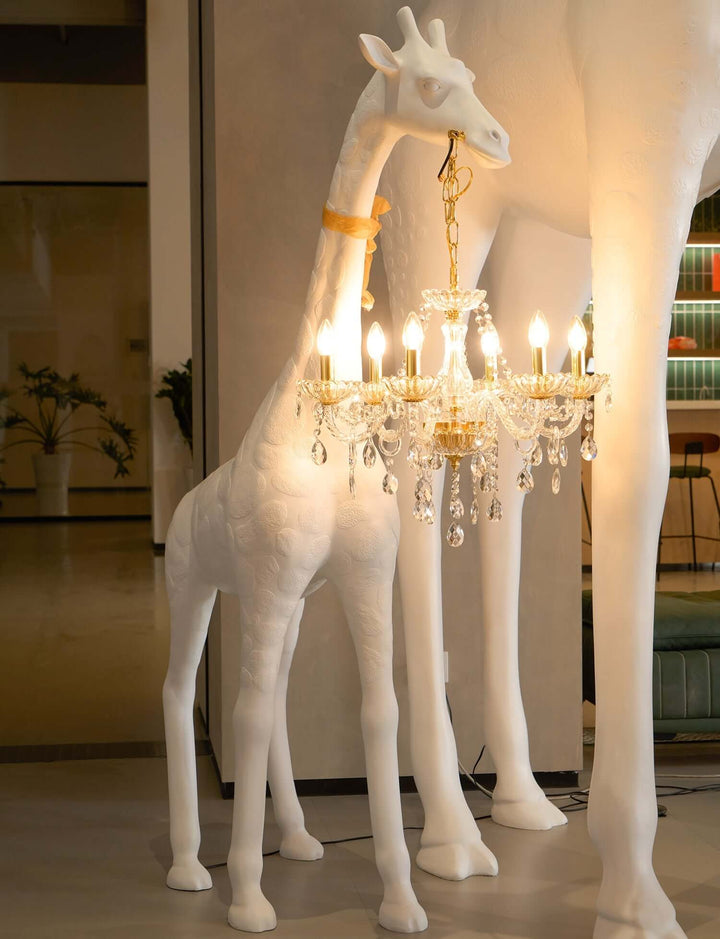 Sculptural Giraffe Floor Lamp with Chandelier Design, featuring elegant crystals in an Art Deco style.