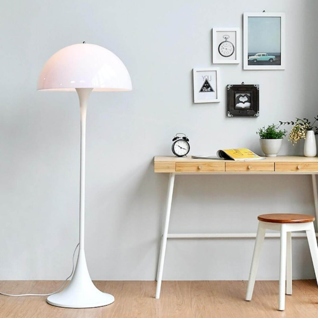 Stylish Panthella floor lamp in white, a modern acrylic floor lamp perfect for contemporary living room decor.