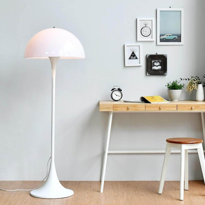 Stylish Panthella floor lamp in white, a modern acrylic floor lamp perfect for contemporary living room decor.