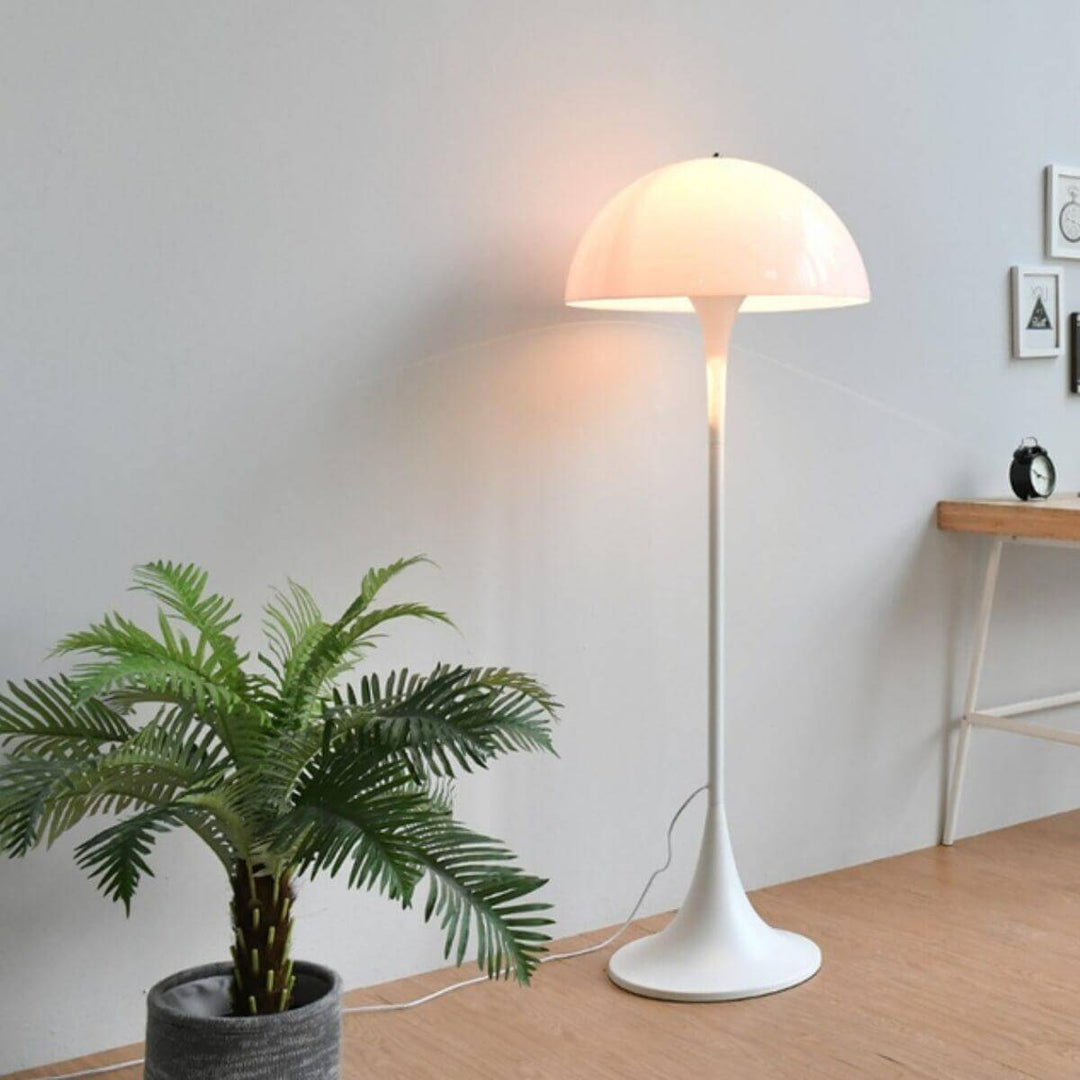 Stylish Panthella Floor Lamp, 50cm diameter, modern white acrylic floor lamp enhancing living room decor.