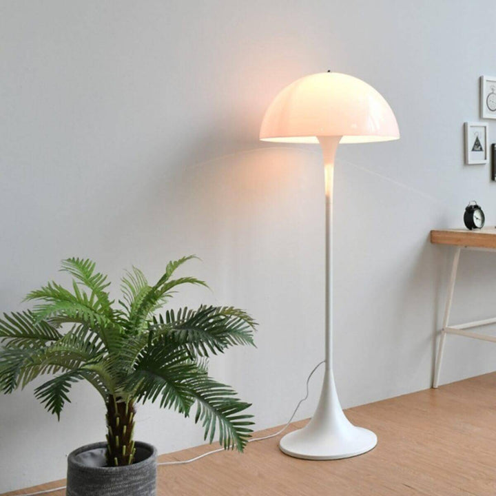 Stylish Panthella Floor Lamp, 50cm diameter, modern white acrylic floor lamp enhancing living room decor.