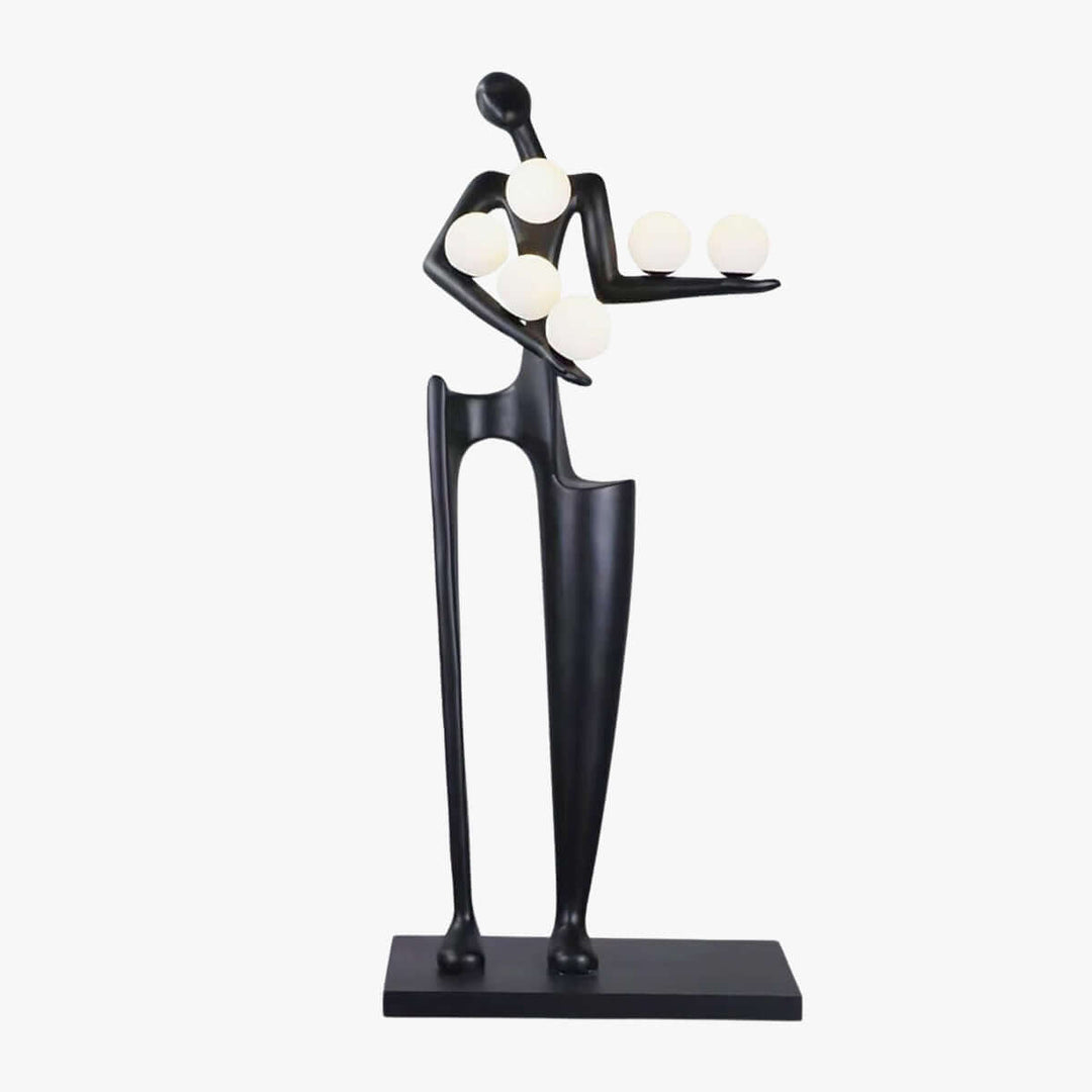 Art deco sculptural floor lamp featuring a unique black figure design with five spherical lights, perfect for living room decor.