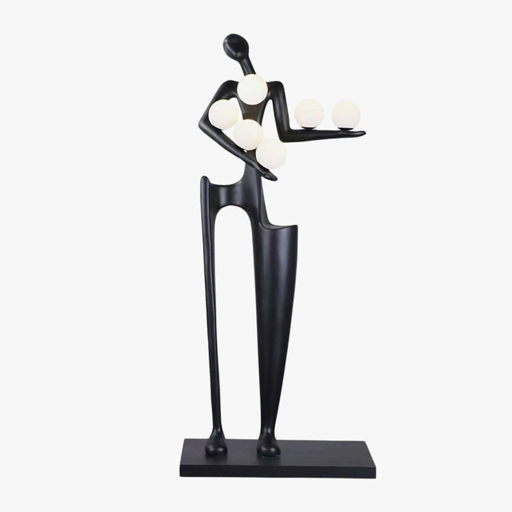 Art deco sculptural floor lamp featuring a unique black figure design with five spherical lights, perfect for living room decor.