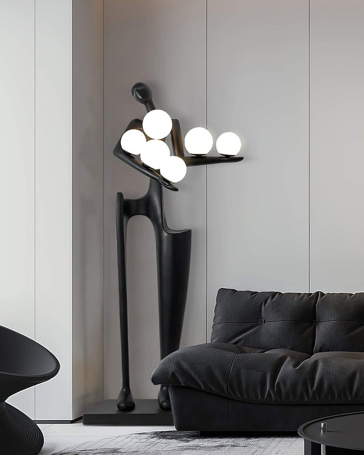 Sculptural floor lamp in art deco style, ideal for living room lighting, showcasing a unique design with elegant round bulbs.
