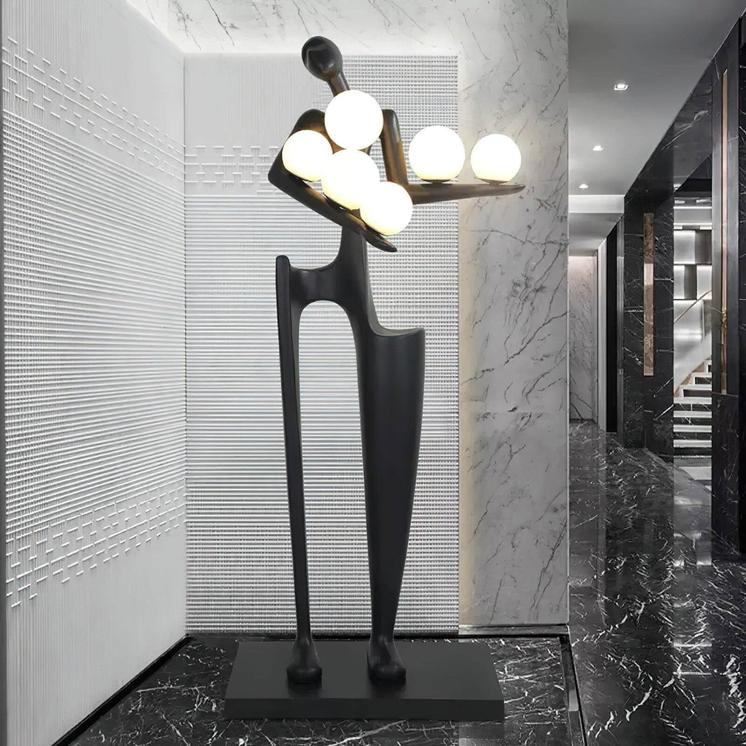 Sculptural floor lamp in art deco style, showcasing elegant design for chic living room lighting.