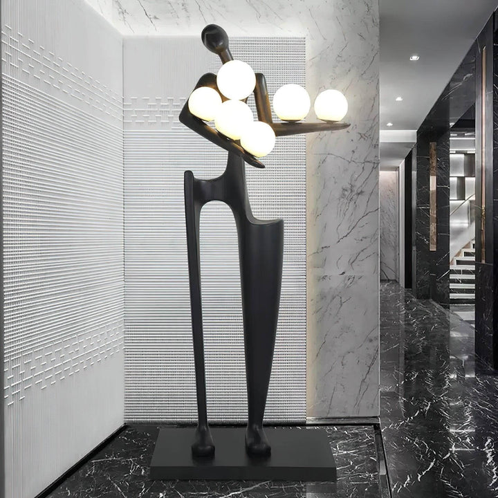 Sculptural floor lamp in art deco style, showcasing elegant design for chic living room lighting.