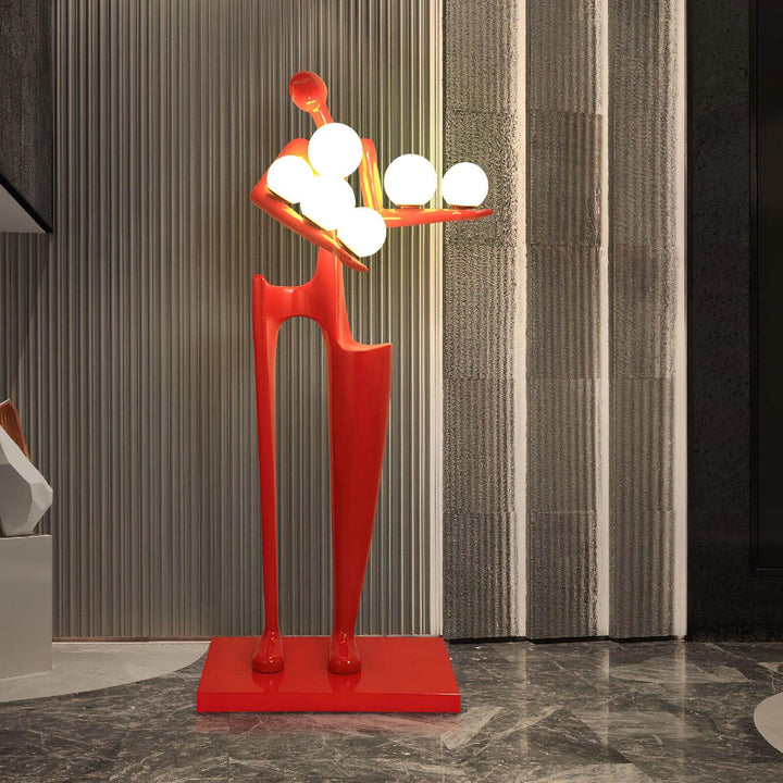 Quoreva sculptural floor lamp in vibrant red, featuring round lights, perfect as art deco floor lights for living room.