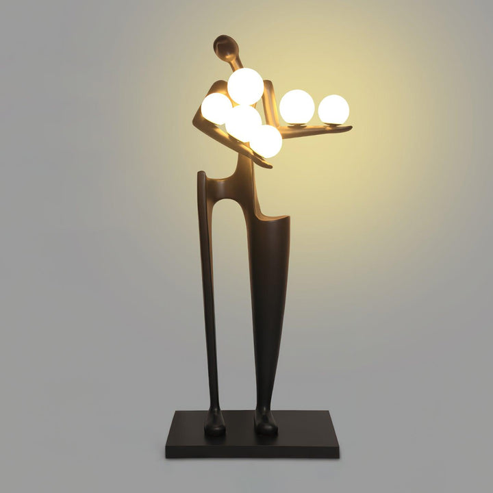 Sculptural floor lamp in art deco style, designed as a figure holding glowing orbs, perfect floor lights for living room.