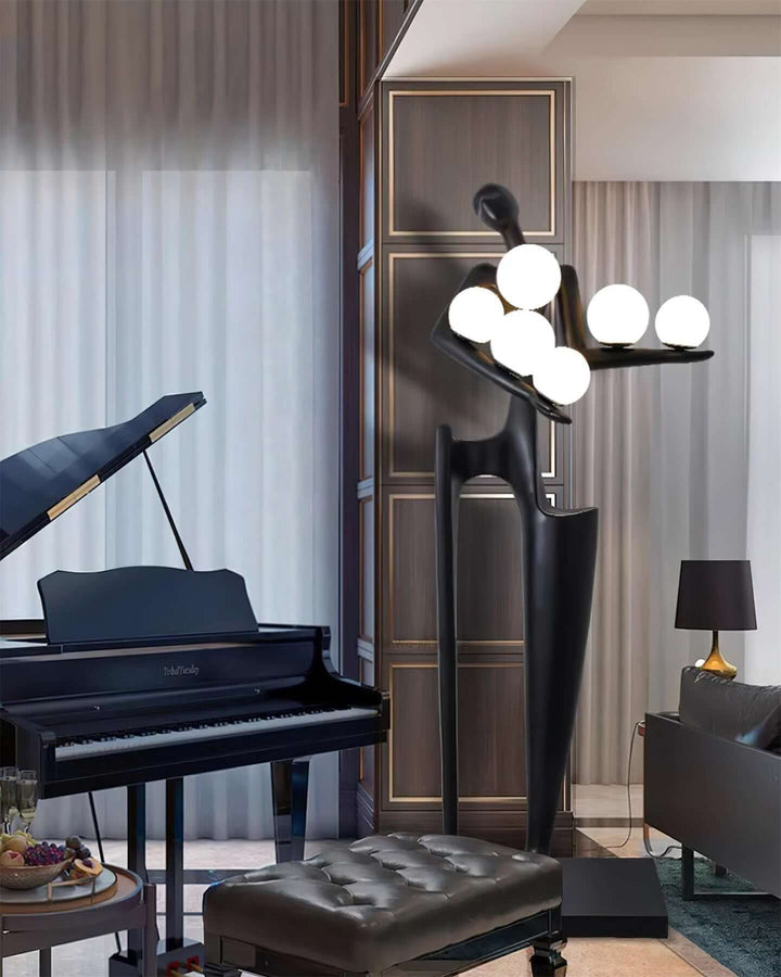 Quoreva sculptural floor lamp in an elegant living room with a piano, ideal for art deco style and floor lights.