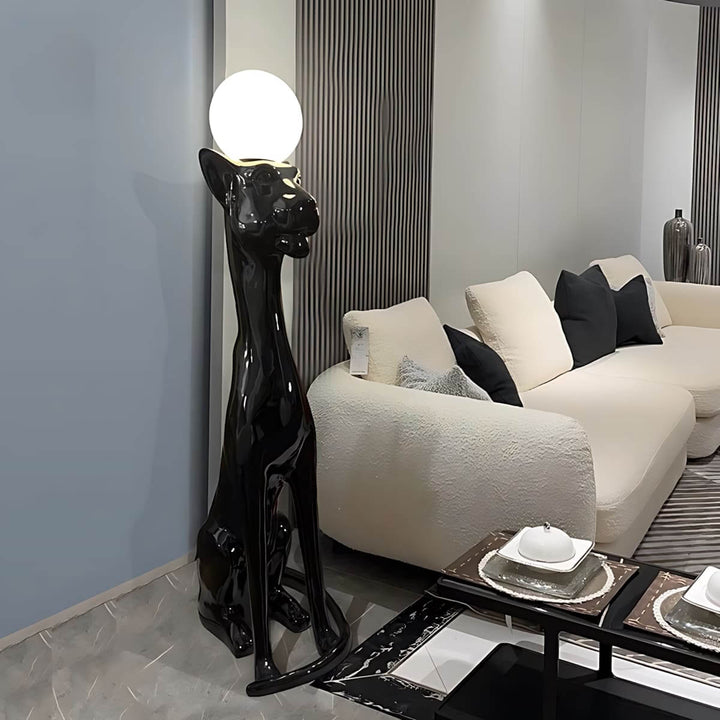 Raveko sculptural floor lamp in the shape of a cat, adding an art deco touch to a modern living room.