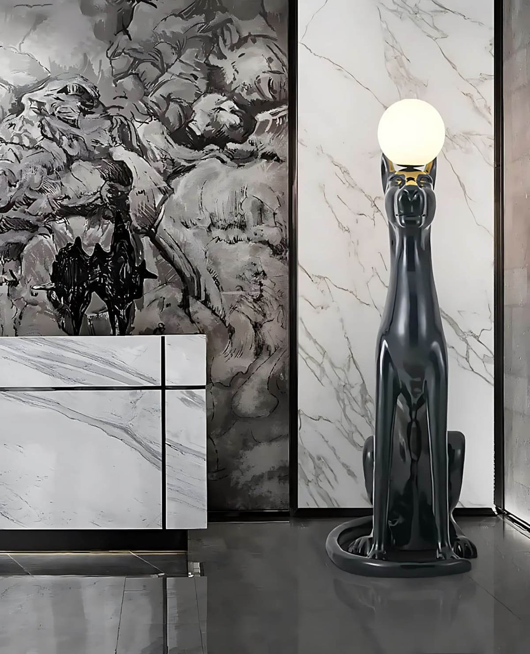 Sculptural floor lamp in black cat design, adding an art deco touch to modern living room decor.