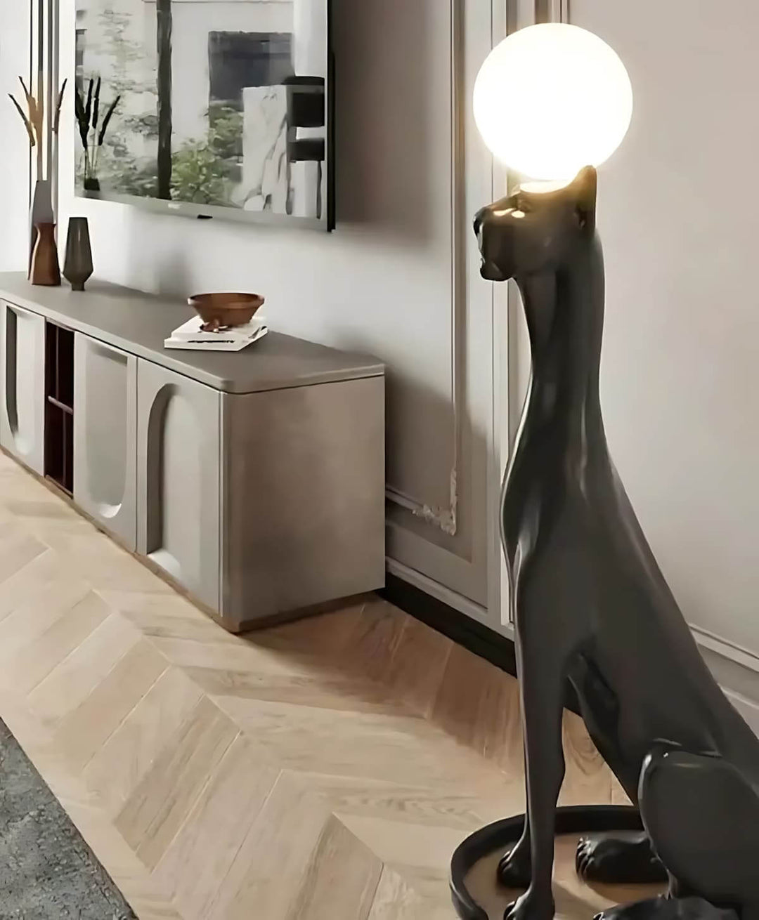 Sculptural floor lamp shaped like a panther, contemporary design for stylish floor lights in living room decor.