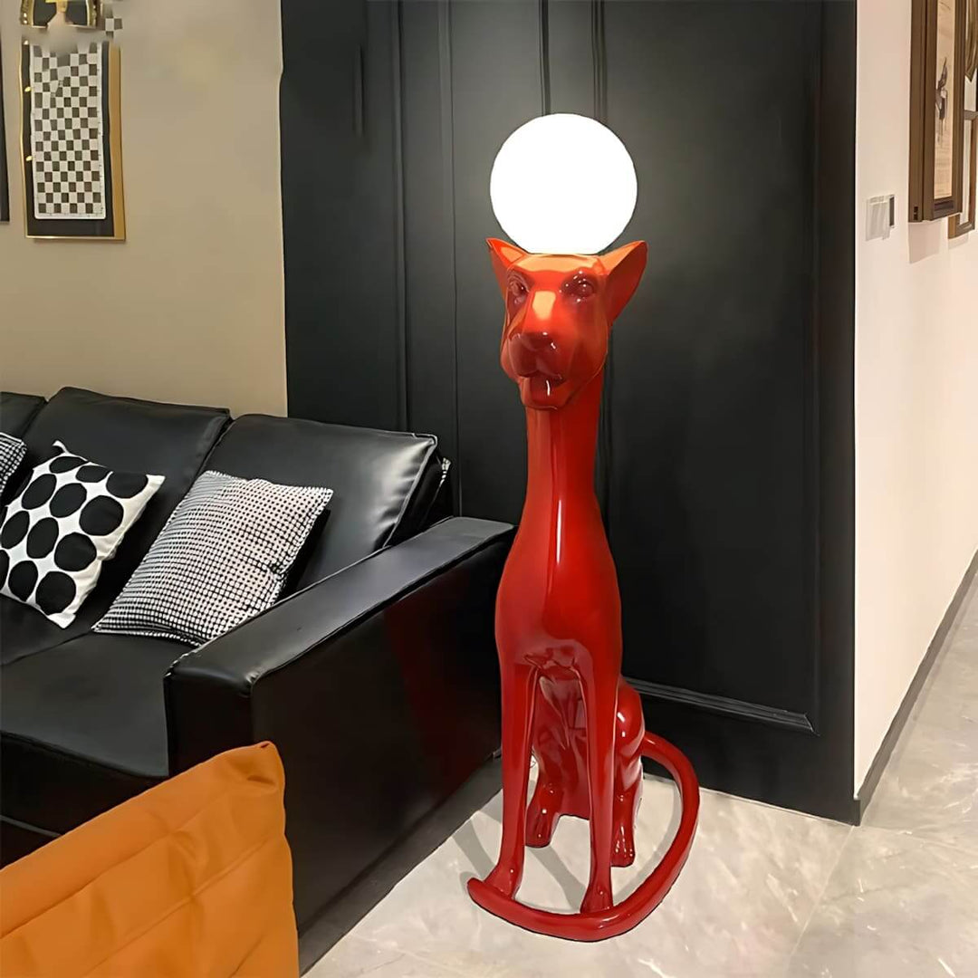 Raveko sculptural floor lamp in the shape of a red cat, providing stylish floor lights for living room decor.