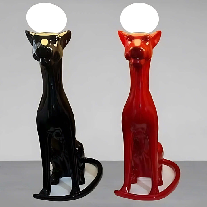 Raveko sculptural floor lamp featuring black and red cat designs with globe light, perfect for stylish living room decor.